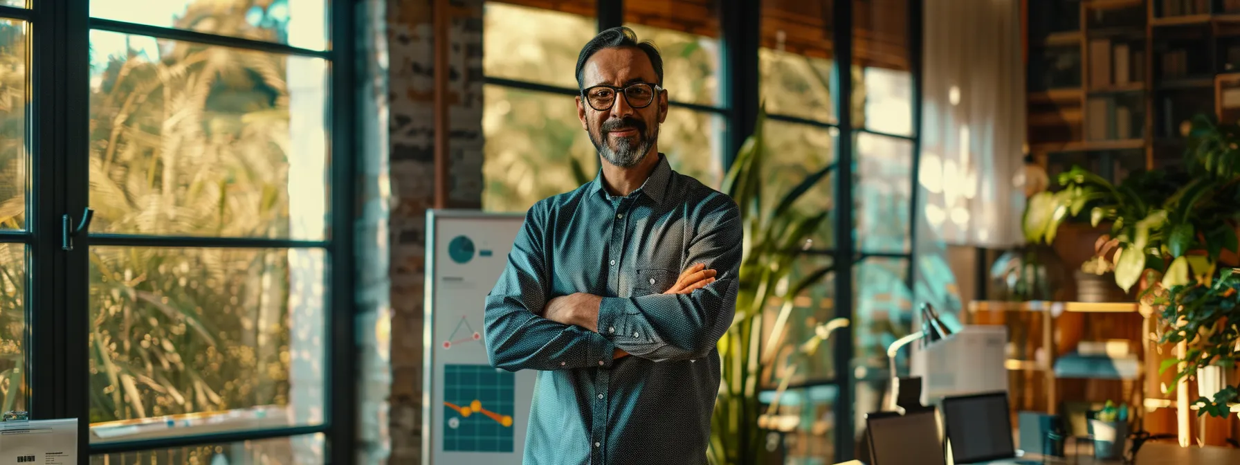 a dynamic entrepreneur stands confidently in a modern office, surrounded by vibrant charts and graphs that reflect their innovative journey and strategic insights, illuminated by soft natural light streaming through large windows. a dynamic entrepreneur stands confidently in a modern office, surrounded by vibrant charts and graphs that reflect their innovative journey and strategic insights, illuminated by soft natural light streaming through large windows.