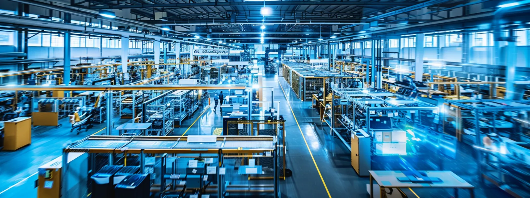 a dynamic factory floor illuminated by strategic overhead lighting, showcasing advanced digital displays analyzing real-time data and predictive maintenance metrics, while workers engage seamlessly with cutting-edge nlp technology to enhance operational efficiency and customer interactions.