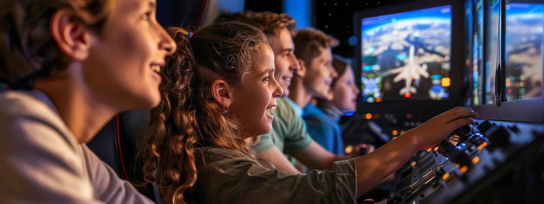 a dynamic family gathering around a state-of-the-art flight simulator in a sleek, modern entertainment center, with vibrant displays illuminating their eager faces as they prepare for an immersive virtual flying experience. a dynamic family gathering around a state-of-the-art flight simulator in a sleek, modern entertainment center, with vibrant displays illuminating their eager faces as they prepare for an immersive virtual flying experience.