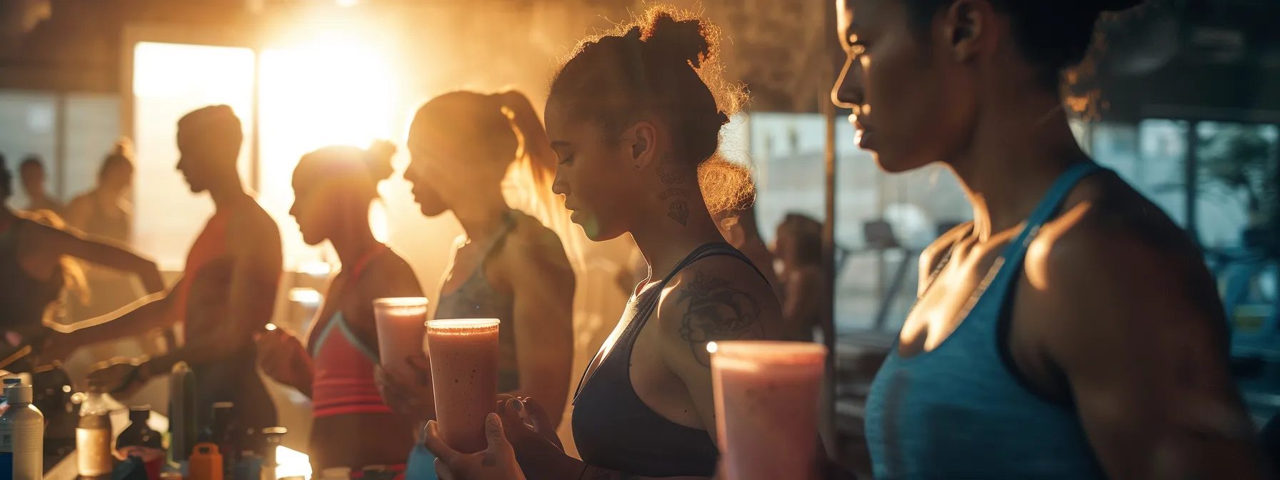 a dynamic fitness scene captures a diverse group of athletes confidently fueling their workout with vibrant protein powder smoothies, illuminated by soft, natural light filtering through a gym window.