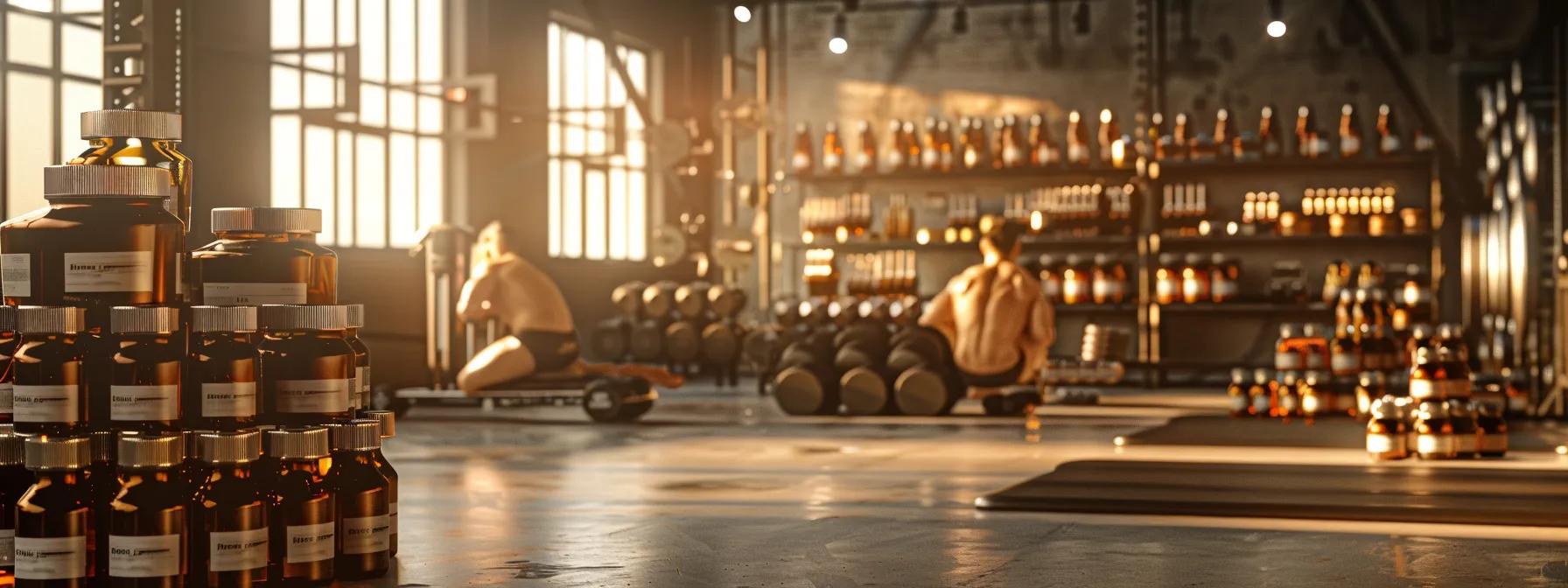 A fitness studio with athletes training and supplement stacks visible.
