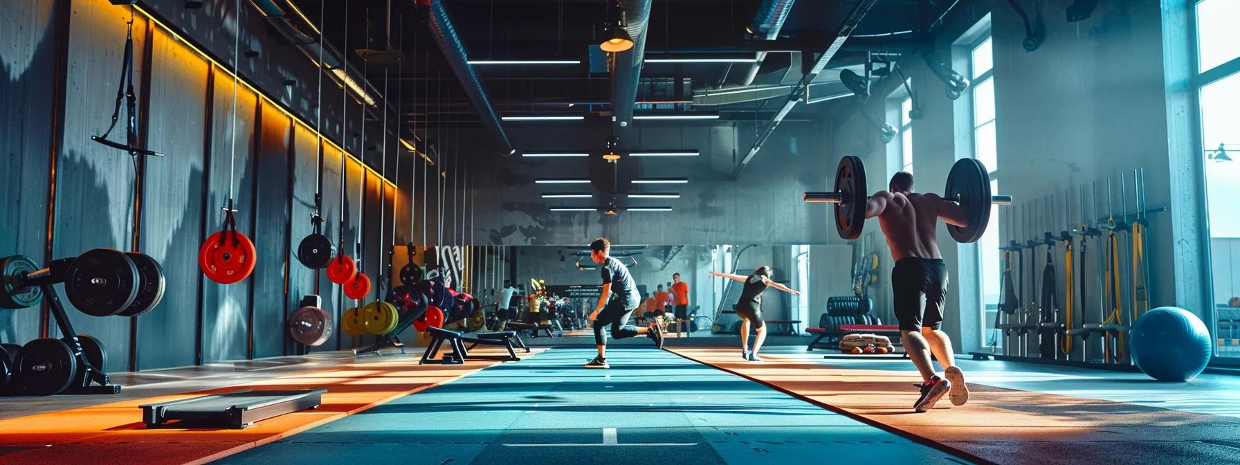 A dynamic fitness studio showcases athletes vigorously engaging in high-intensity weightlifting, surrounded by vibrant, modern equipment, emphasising the power and energy associated with creatine supplementation.