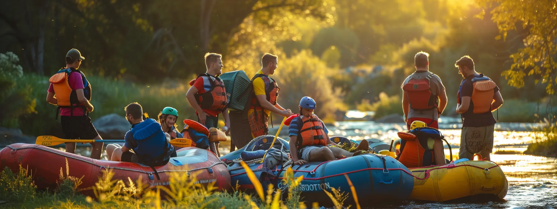 a dynamic group of first-time rafters enthusiastically preparing their gear in a vibrant riverside setting, surrounded by colorful inflatable rafts and safety equipment, illuminated by the cheerful morning light.