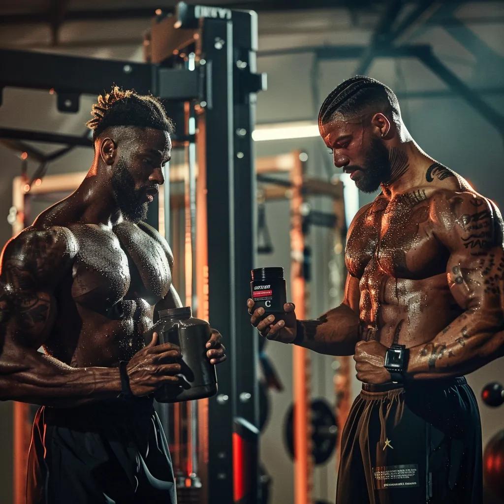 A dynamic gym setting features two muscular athletes engaged in a lively debate, one showcasing a protein shake while the other holds a container of creatine, surrounded by vibrant workout equipment and energetic atmosphere.