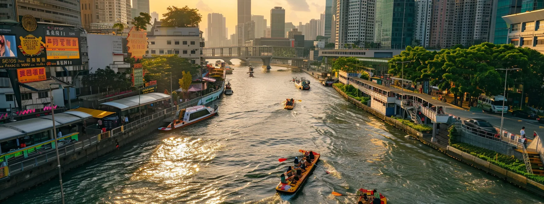 a dynamic, high-angle view of a bustling urban riverfront adorned with vivid signage, where expert tubers navigate through clearly marked safe pathways amidst visually striking rapids, highlighting the importance of hazard recognition and water flow analysis.