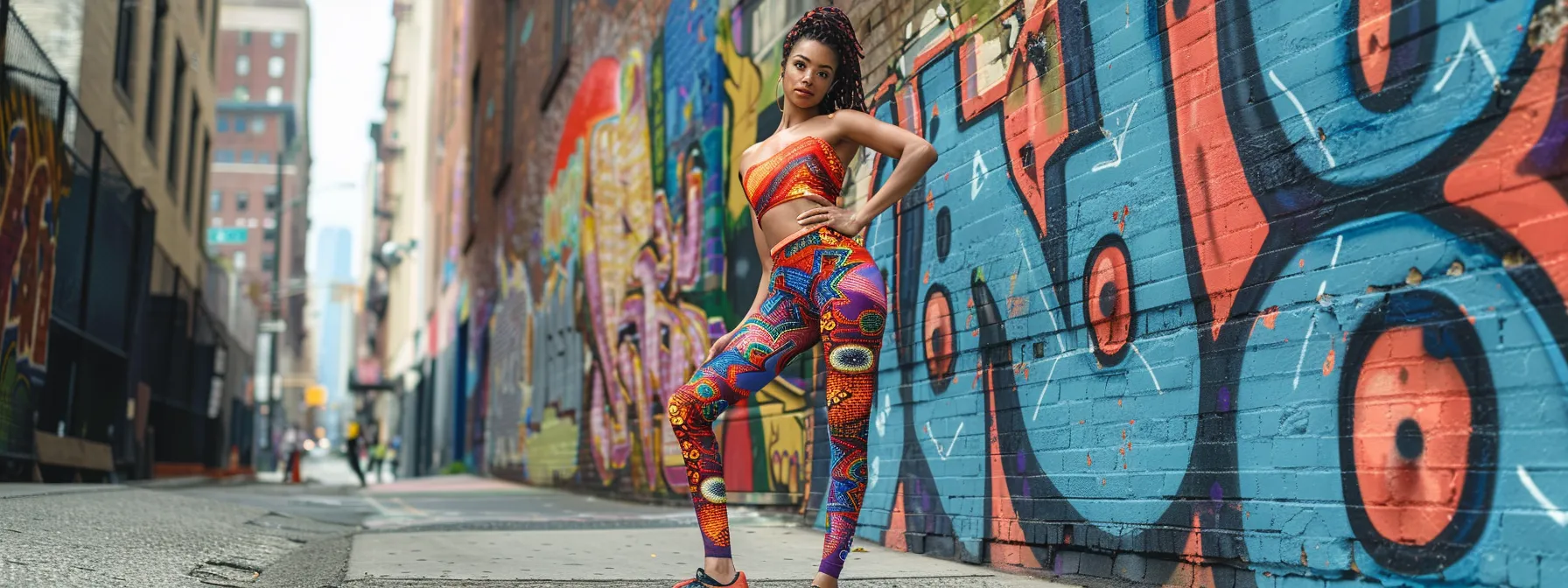 a dynamic, high-energy photo captures a model confidently showcasing vibrant, patterned leggings against an urban backdrop, emphasizing strength and style.