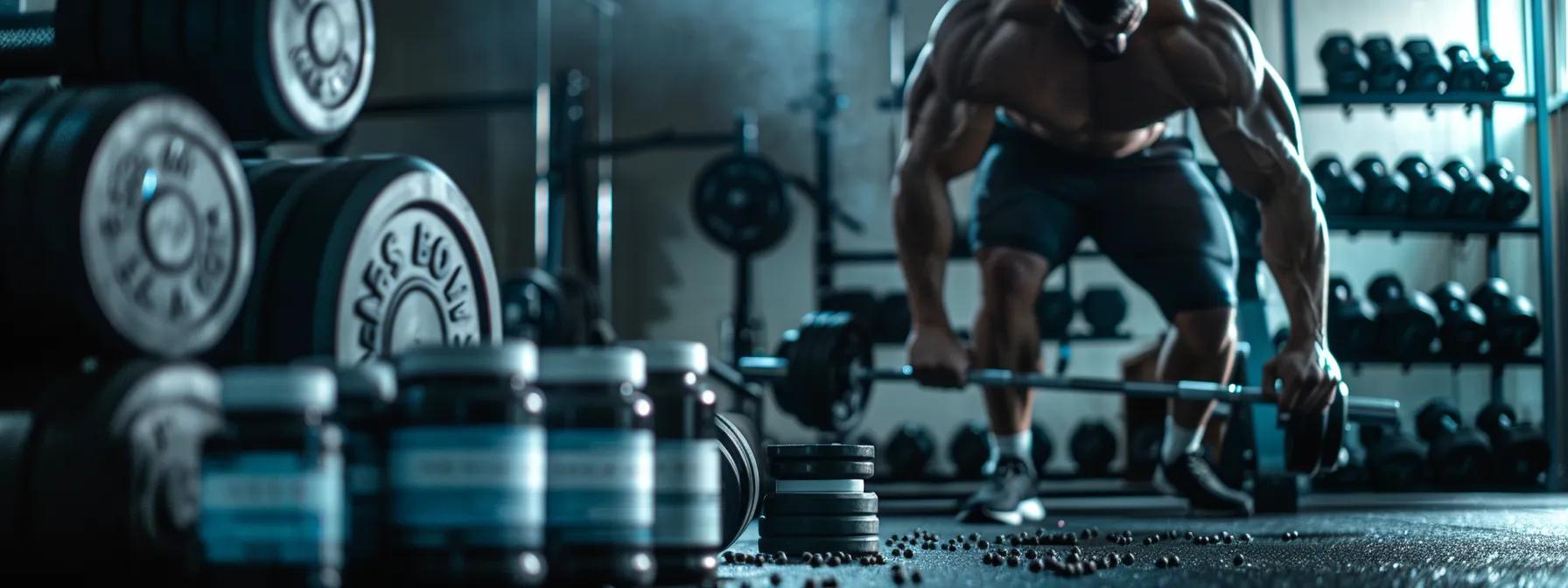 A dynamic gym setting featuring a focused athlete performing an intense weightlifting session, with creatine and SARMs supplements displayed on a bench.