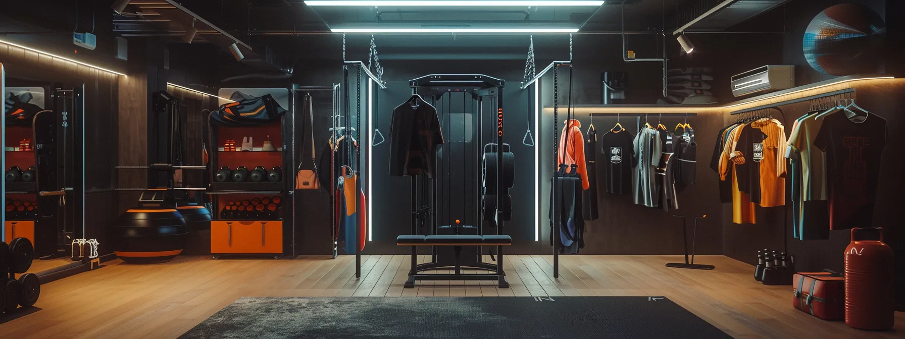 a dynamic home gym interior showcases a vibrant display of stylish and functional activewear hanging on sleek racks, illuminated by bright overhead lights, with a modern cable machine in the background emphasizing performance and versatility.