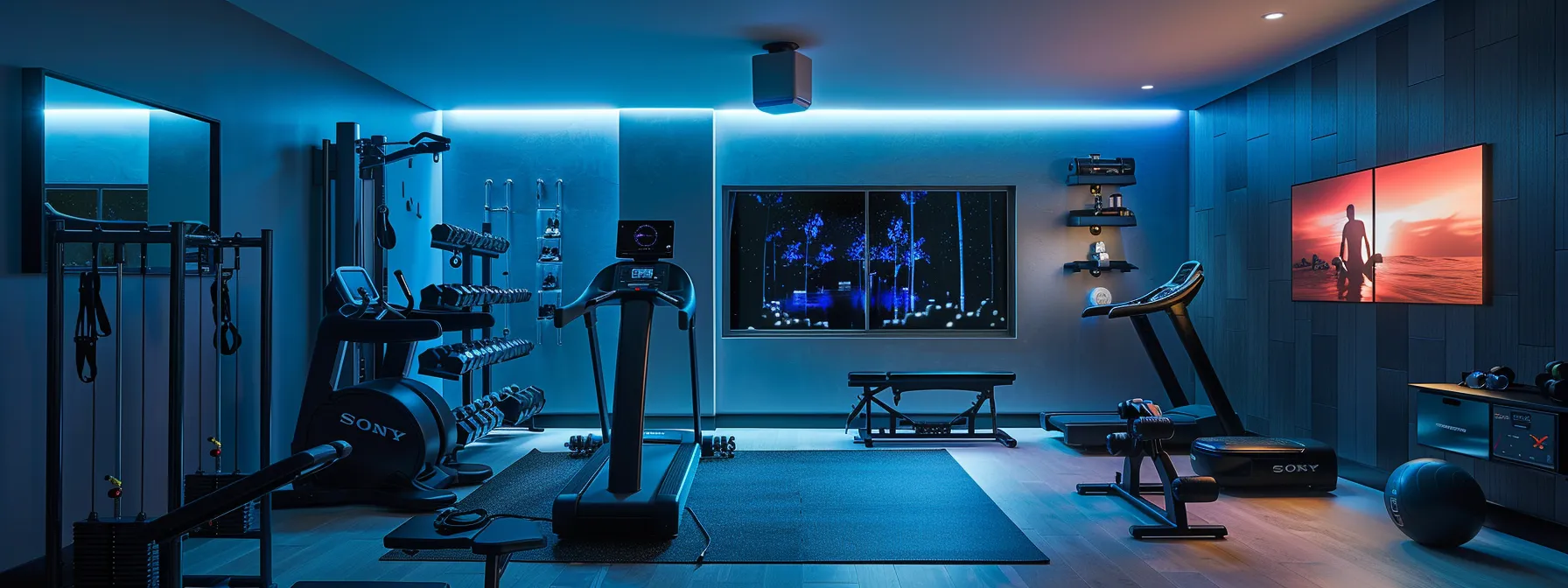 a dynamic home gym layout showcases an organized workout zone featuring sleek, modern equipment like an elliptical machine and a bowflex, illuminated by vibrant, tailored lighting that enhances the motivational atmosphere.