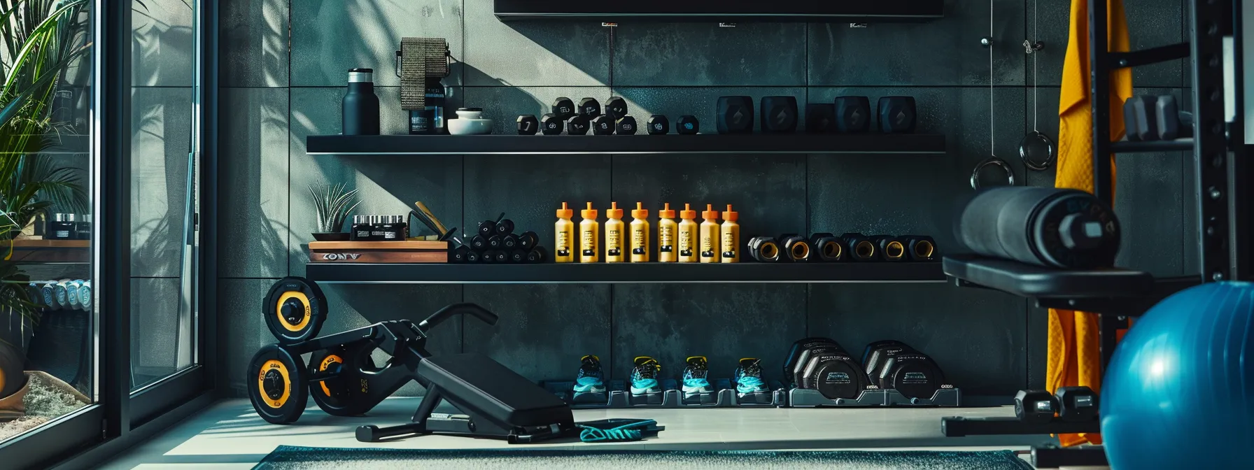 a dynamic home gym scene showcases vibrant workout gear and carefully arranged nutrition supplements, emphasizing an active lifestyle that blends recovery strategies with sporting enthusiasm.