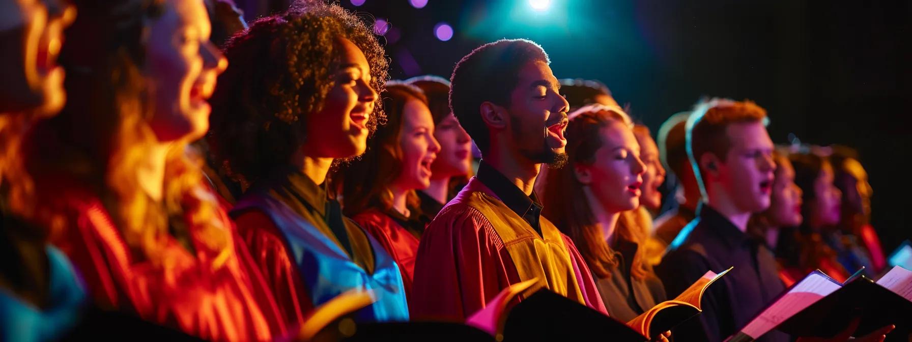 a dynamic indoor choir practice session captures a diverse group of musicians enthusiastically singing together, with vibrant sheet music scattered on stands, colorful choir robes, and a spotlight illuminating their engaged expressions, highlighting the cognitive benefits of collective music-making. a dynamic indoor choir practice session captures a diverse group of musicians enthusiastically singing together, with vibrant sheet music scattered on stands, colorful choir robes, and a spotlight illuminating their engaged expressions, highlighting the cognitive benefits of collective music-making.