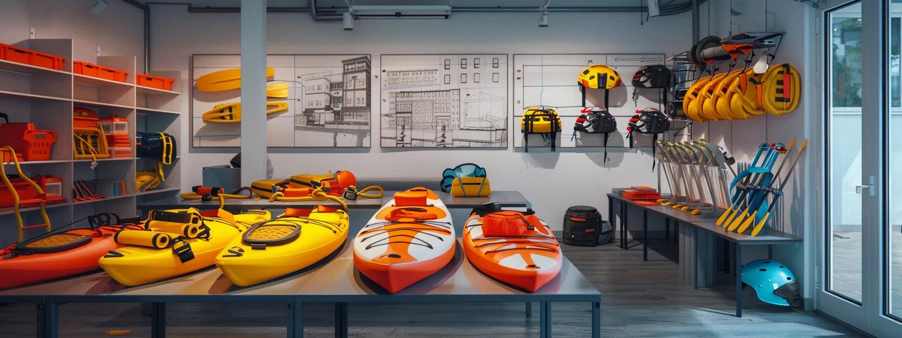 a dynamic indoor classroom setting showcases a collection of essential paddle safety gear, prominently featuring vibrant personal flotation devices and sturdy helmets arranged neatly on a sleek table, with a backdrop of architectural design sketches displayed on the walls.