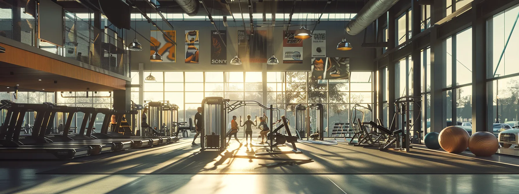 a dynamic indoor gym scene showcases attentive individuals engaging in high-intensity workouts while wearing stylish, performance-enhancing activewear, with motivational fitness posters and modern gym equipment in the background.