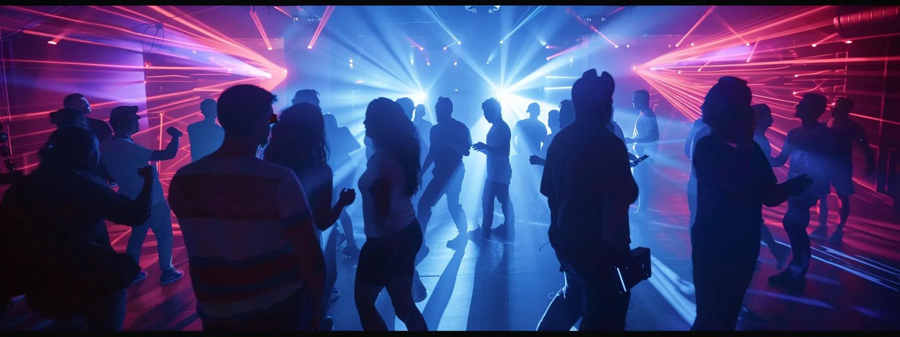 a dynamic indoor laser tag arena brimming with colorful lighting effects showcases teams strategizing together, highlighting the energetic atmosphere of a team-building event. a dynamic indoor laser tag arena brimming with colorful lighting effects showcases teams strategizing together, highlighting the energetic atmosphere of a team-building event.