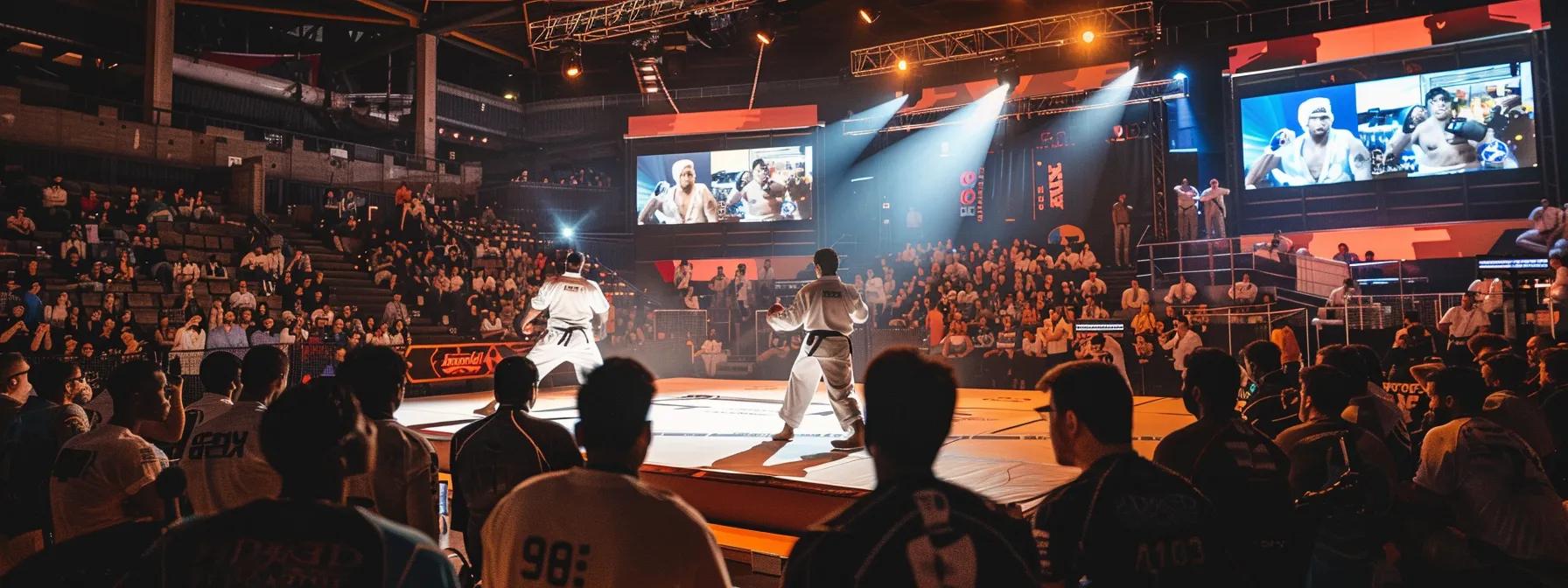 a dynamic indoor martial arts tournament scene captures intense competitors in action, surrounded by an enthusiastic audience, with vibrant branding banners and led screens showcasing live event updates in a bustling gymnasium setting. a dynamic indoor martial arts tournament scene captures intense competitors in action, surrounded by an enthusiastic audience, with vibrant branding banners and led screens showcasing live event updates in a bustling gymnasium setting.
