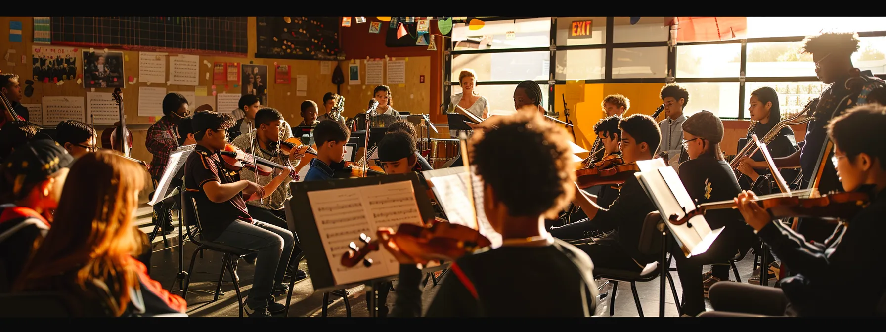 a dynamic indoor rehearsal space showcasing a diverse group of passionate youth musicians engaged in intense practice, surrounded by instruments and sheet music, led by an inspiring music director in a vibrant setting that highlights collaboration and musical exploration. a dynamic indoor rehearsal space showcasing a diverse group of passionate youth musicians engaged in intense practice, surrounded by instruments and sheet music, led by an inspiring music director in a vibrant setting that highlights collaboration and musical exploration.