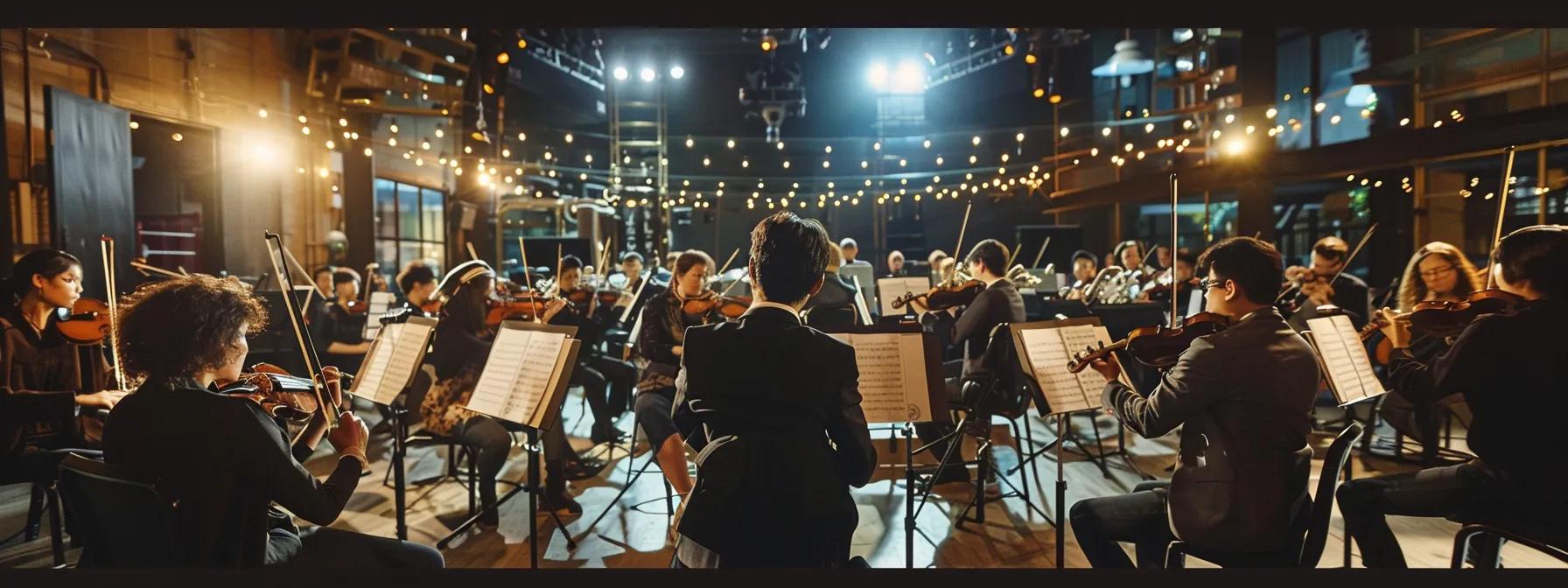 a dynamic indoor rehearsal space filled with musicians passionately playing their instruments in harmony, illuminated by bright stage lights, emphasizes the collaborative spirit and skill enhancement fostered by joining a community orchestra.