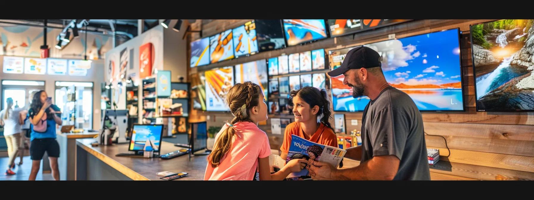 a dynamic indoor scene showcases a family engaged in enthusiastic discussions while reviewing brochures and maps for chattanooga rafting tours, with vibrant images of rivers and rafting gear displayed prominently around them, set against a modern travel planning office backdrop.