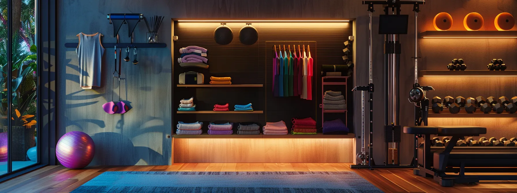 a dynamic indoor scene showcases an organized home gym with vibrant yoga and workout clothing prominently displayed alongside popular home exercise equipment, illuminated by focused overhead lighting that emphasizes their appeal to fitness enthusiasts.