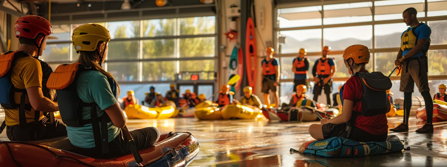 a dynamic indoor training center showcases a diverse group of individuals engaged in a hands-on safety workshop, surrounded by essential rafting gear and visual aids, emphasizing the critical preparation for navigating class iv rapids.