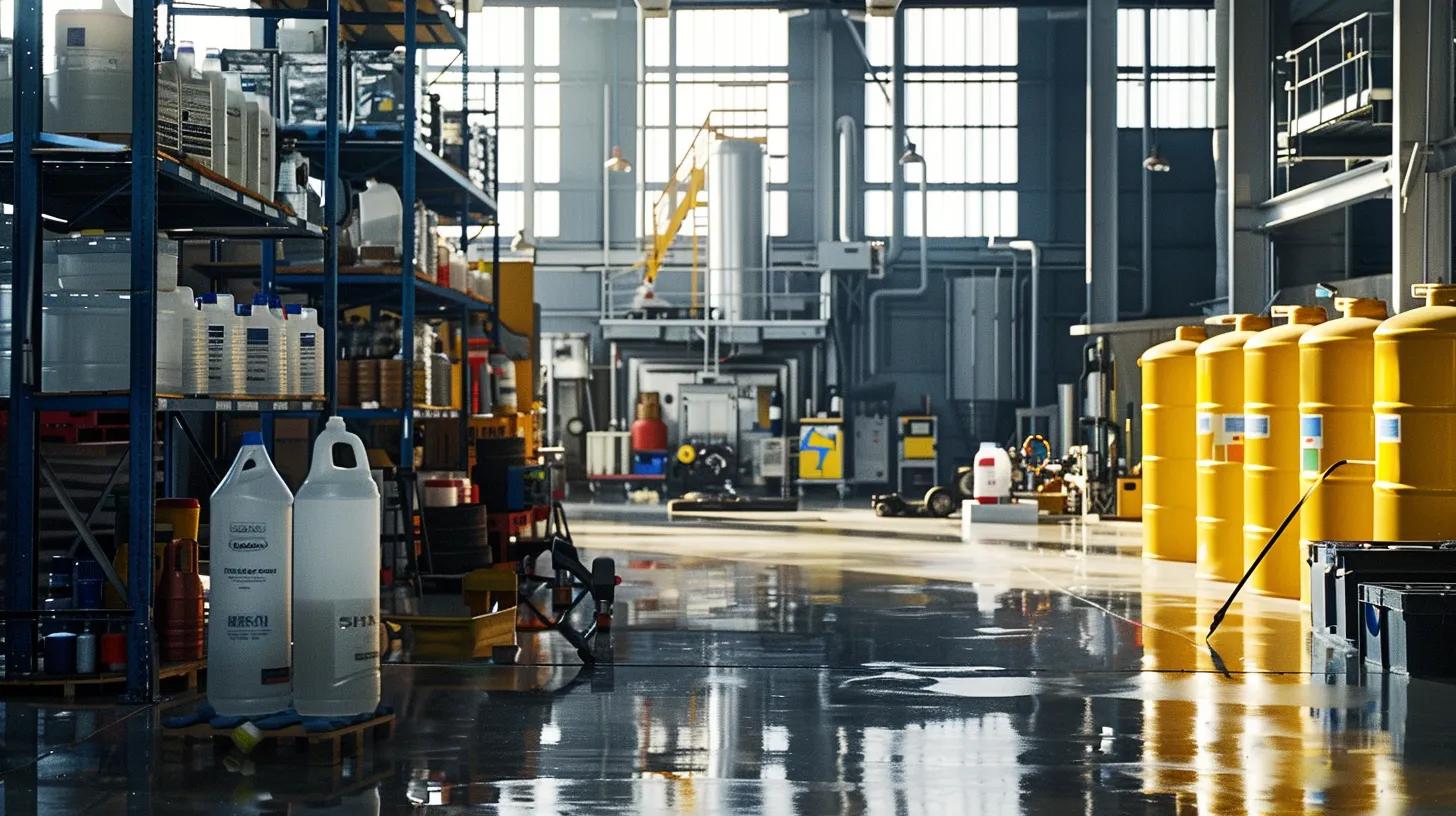 a dynamic industrial setting showcases a professional surveying various pressure washing equipment amidst labeled cleaning products, emphasizing the importance of selecting the right cleaner for specific surfaces and contaminants. a dynamic industrial setting showcases a professional surveying various pressure washing equipment amidst labeled cleaning products, emphasizing the importance of selecting the right cleaner for specific surfaces and contaminants.