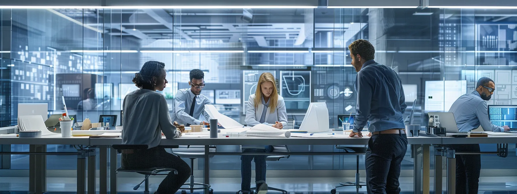 a dynamic interior shot captures a diverse group of architects collaboratively discussing blueprints in a modern, sleek office filled with innovative design sketches and digital screens illuminating their intense focus.