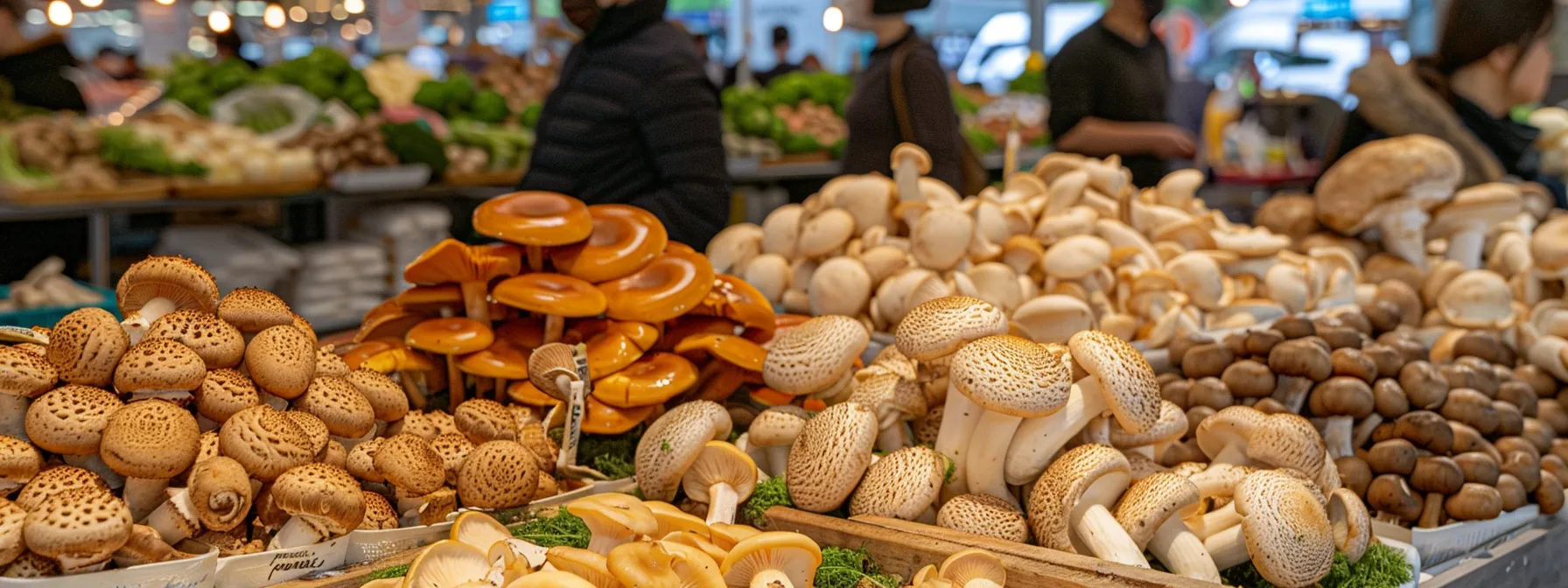 a dynamic market scene with vibrant displays of fresh mushrooms, emphasizing the contrast between traditional farming methods and advanced technological innovations in a bright, modern wholesale setting.