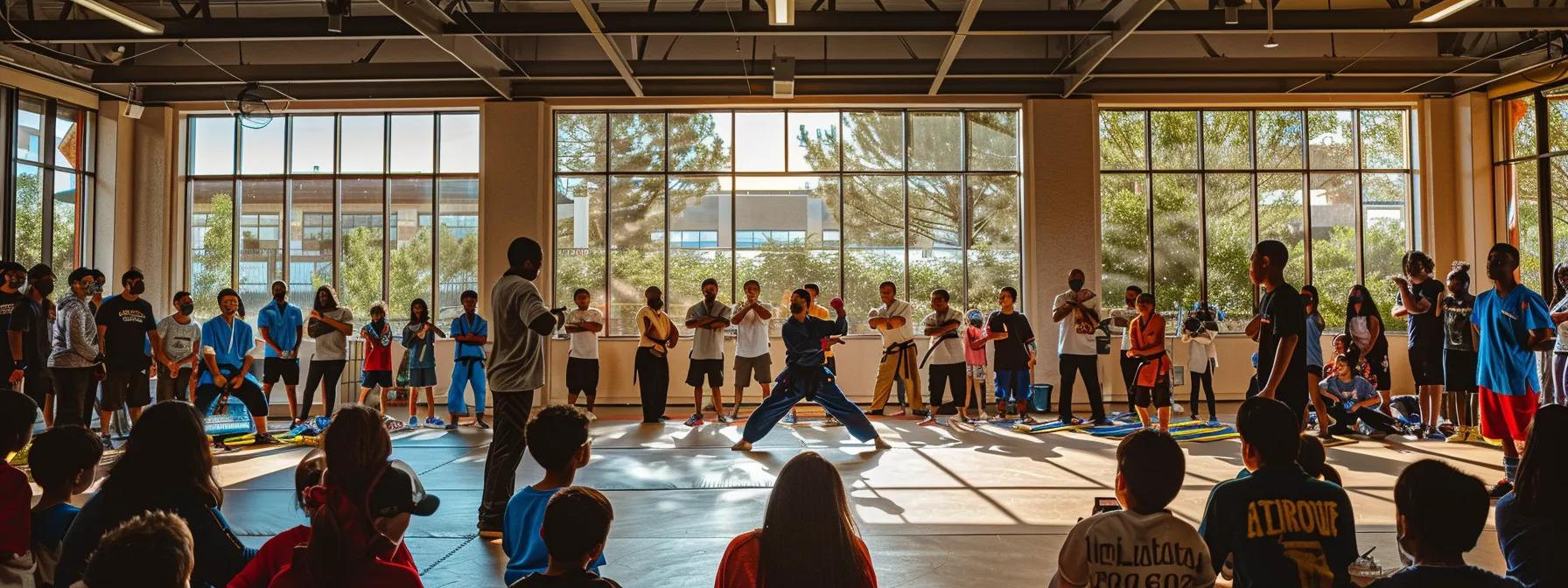 a dynamic martial arts demonstration unfolds in a bustling urban community center, with a diverse group of enthusiastic spectators engaged in learning self-defense techniques from skilled instructors, capturing the essence of local outreach and community engagement. a dynamic martial arts demonstration unfolds in a bustling urban community center, with a diverse group of enthusiastic spectators engaged in learning self-defense techniques from skilled instructors, capturing the essence of local outreach and community engagement.