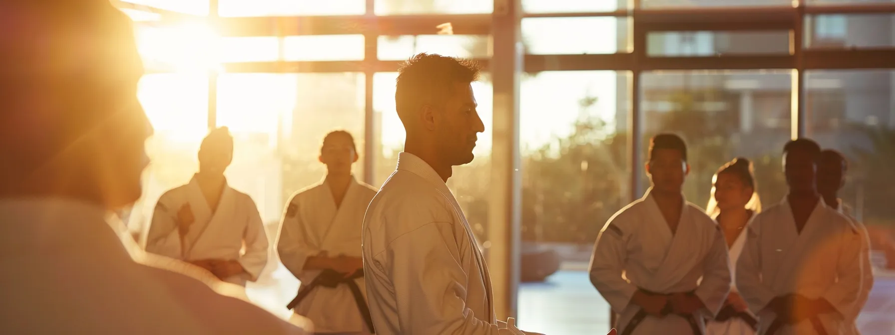 a dynamic martial arts instructor passionately engages with a diverse group of students in a sleek, modern training studio, showcasing the importance of performance metrics in fostering student motivation and instructor effectiveness. a dynamic martial arts instructor passionately engages with a diverse group of students in a sleek, modern training studio, showcasing the importance of performance metrics in fostering student motivation and instructor effectiveness.