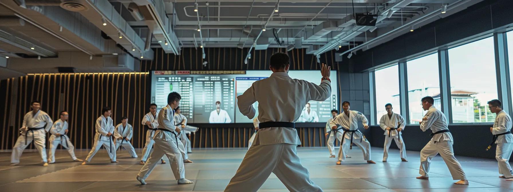 a dynamic martial arts school environment with instructors engaging students during classes, while a sleek digital system displays automated schedules and attendance tracking on a modern monitor, illustrating the efficiency and technological advancement of contemporary management systems. a dynamic martial arts school environment with instructors engaging students during classes, while a sleek digital system displays automated schedules and attendance tracking on a modern monitor, illustrating the efficiency and technological advancement of contemporary management systems.