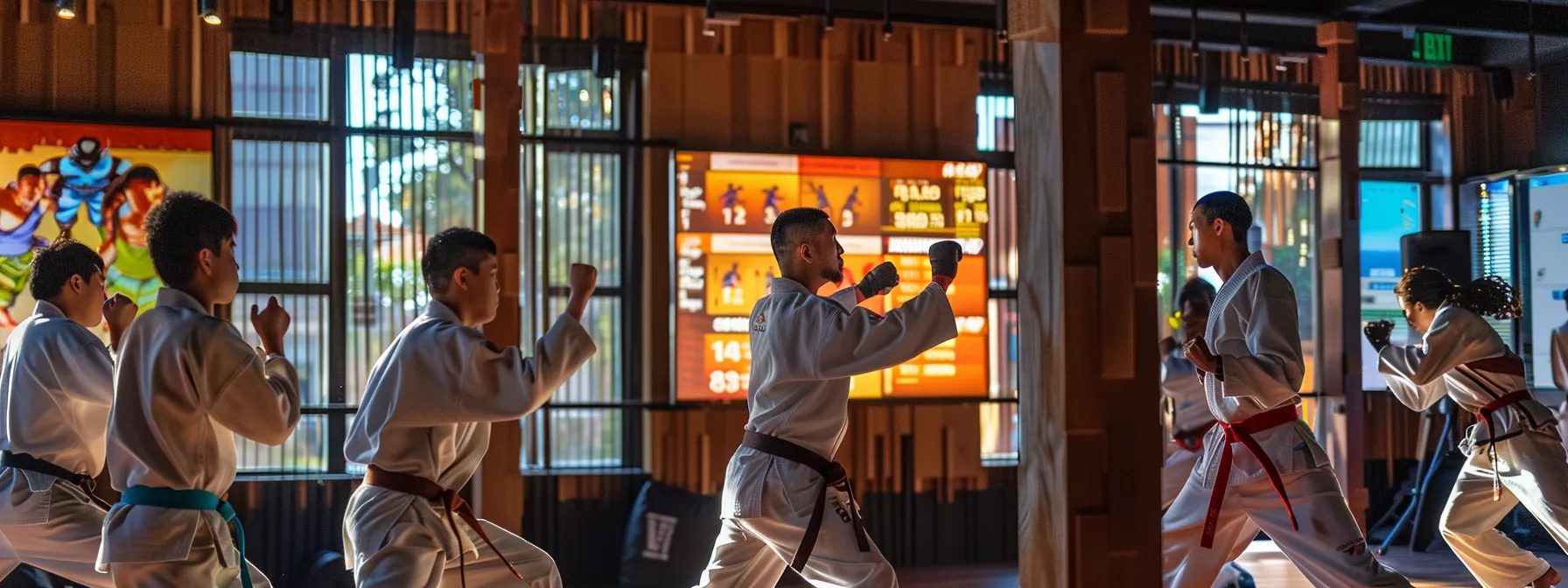 a dynamic martial arts school interior showcases a diverse group of focused students in vibrant gis engaging in an intense training session, with a large digital enrollment board prominently displaying statistics in the background, symbolizing growth and community engagement. a dynamic martial arts school interior showcases a diverse group of focused students in vibrant gis engaging in an intense training session, with a large digital enrollment board prominently displaying statistics in the background, symbolizing growth and community engagement.