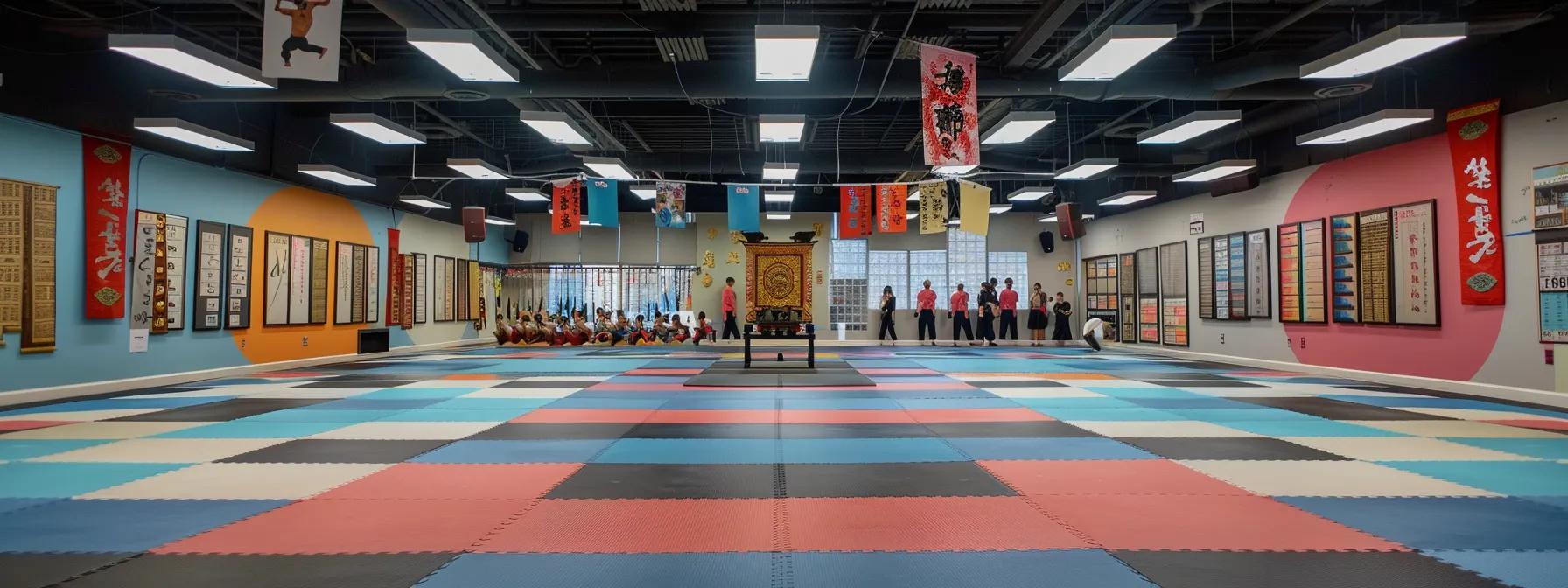 a dynamic martial arts school interior showcases an engaging class in session, with students practicing techniques on vibrant, high-quality mats while banners display pricing options and tiered memberships on the walls, all under focused overhead lighting that highlights the atmosphere of commitment and professionalism.