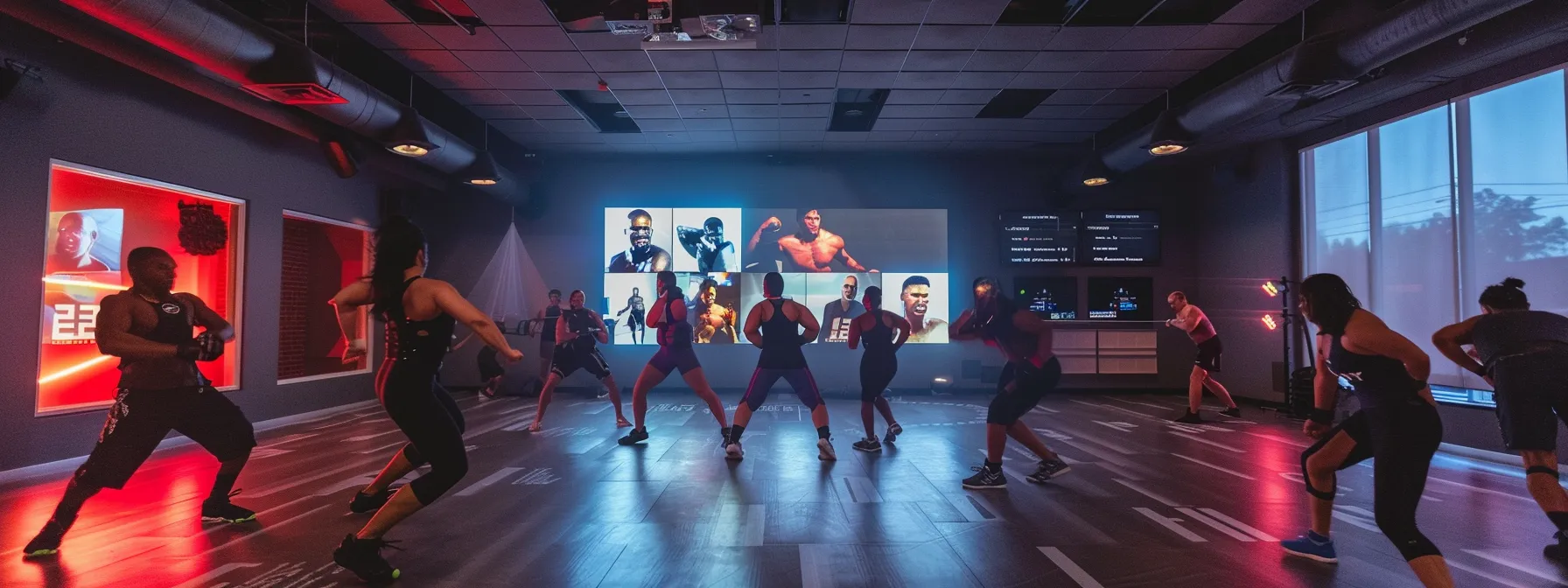 a dynamic martial arts studio filled with focused students practicing kickboxing techniques, enhanced by a sleek digital dashboard displaying real-time analytics of class capacity and instructor performance metrics on the wall, all under bright, professional lighting. a dynamic martial arts studio filled with focused students practicing kickboxing techniques, enhanced by a sleek digital dashboard displaying real-time analytics of class capacity and instructor performance metrics on the wall, all under bright, professional lighting.