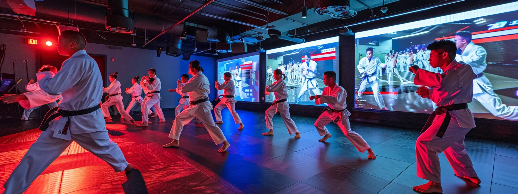 a dynamic martial arts training studio filled with engaged students practicing techniques under the focused gaze of an instructor, surrounded by meaningful metrics displayed on digital screens to emphasize performance tracking and student engagement. a dynamic martial arts training studio filled with engaged students practicing techniques under the focused gaze of an instructor, surrounded by meaningful metrics displayed on digital screens to emphasize performance tracking and student engagement.