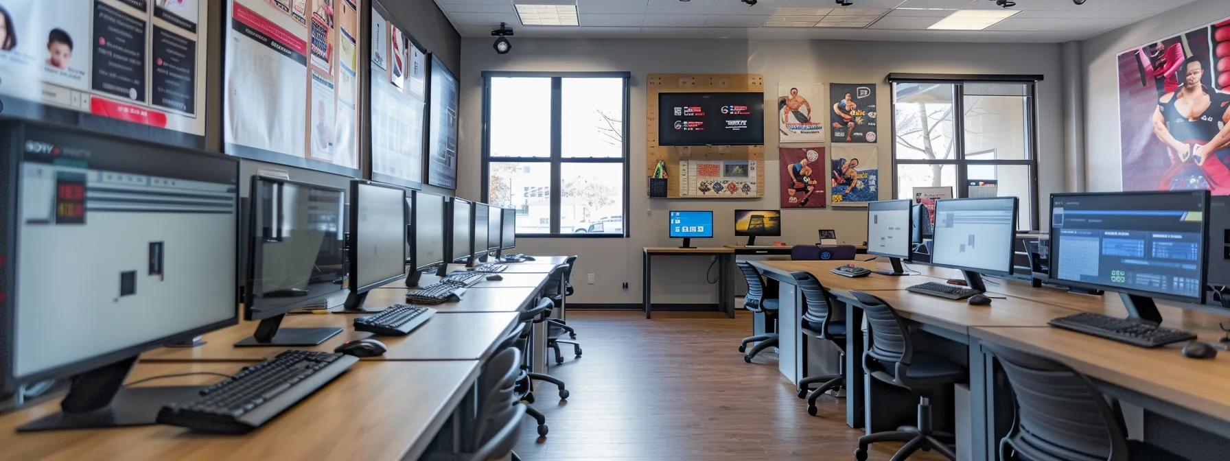 a dynamic, modern martial arts school office features a sleek computer interface displaying automated enrollment processes and student management data, with instructors engaged in focused discussions while vibrant posters of martial arts techniques adorn the walls. a dynamic, modern martial arts school office features a sleek computer interface displaying automated enrollment processes and student management data, with instructors engaged in focused discussions while vibrant posters of martial arts techniques adorn the walls.