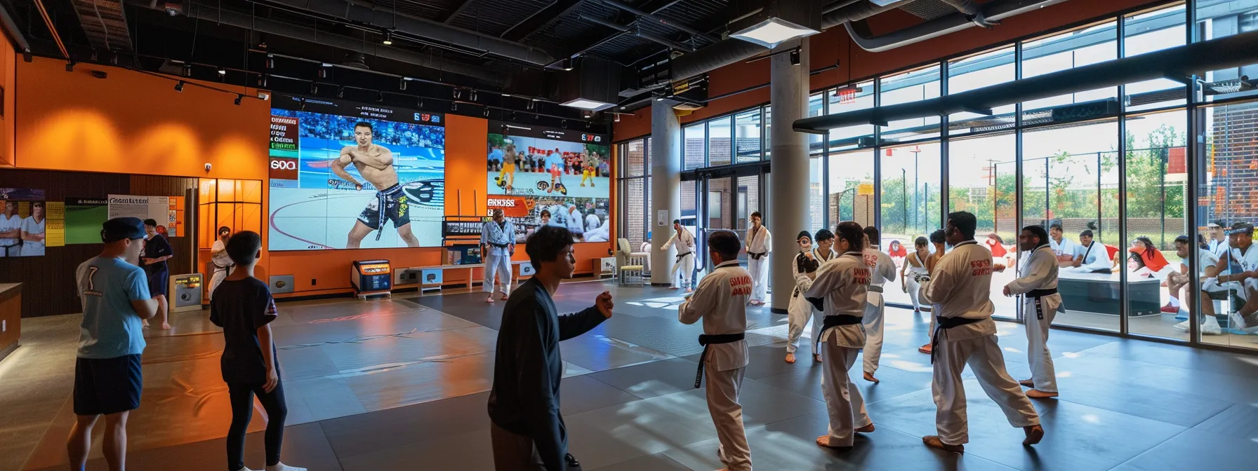 a dynamic, modern martial arts school interior showcases diverse classes in action, with engaged students and instructors interacting amidst digital marketing metrics displayed on screens, emphasizing the synergy between targeted outreach and improved student retention. a dynamic, modern martial arts school interior showcases diverse classes in action, with engaged students and instructors interacting amidst digital marketing metrics displayed on screens, emphasizing the synergy between targeted outreach and improved student retention.