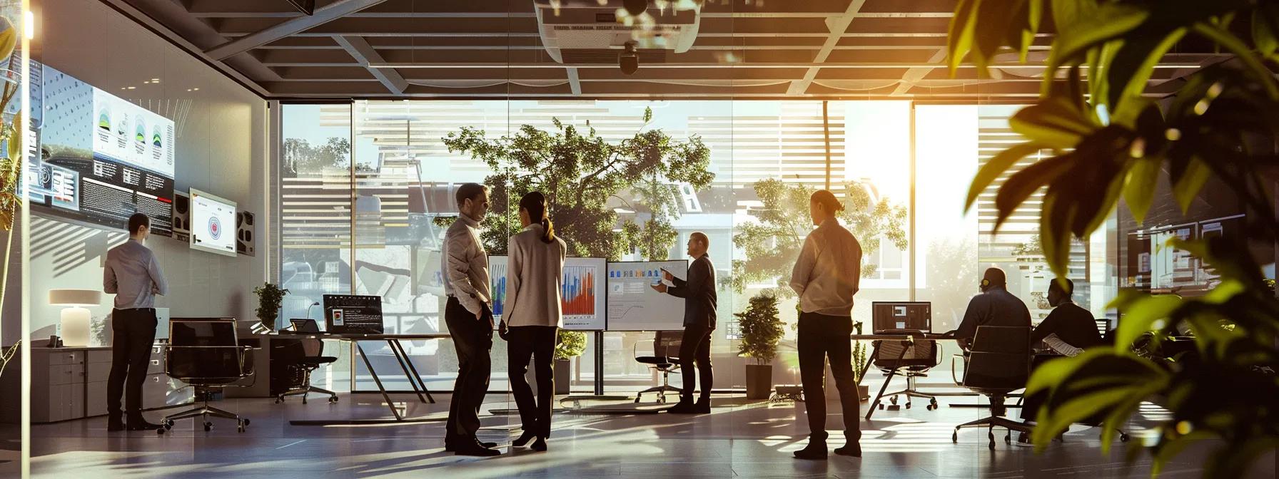 a dynamic, modern office scene showcases a diverse team of engineers collaboratively examining a sleek product prototype on a high-tech workspace, with digital screens displaying graphs and design schematics in the background.