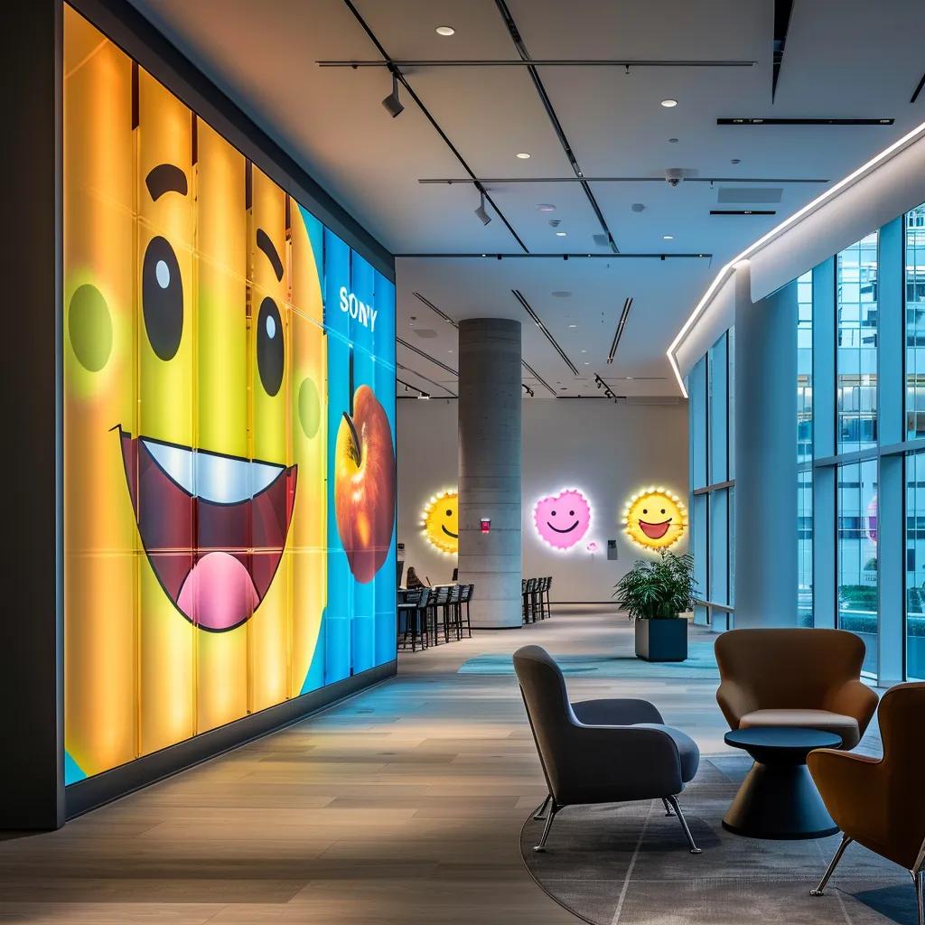 a dynamic, modern office setting features a vibrant digital display showcasing colorful emojis and engaging stories, inviting diverse team members to interact and collaborate enthusiastically.