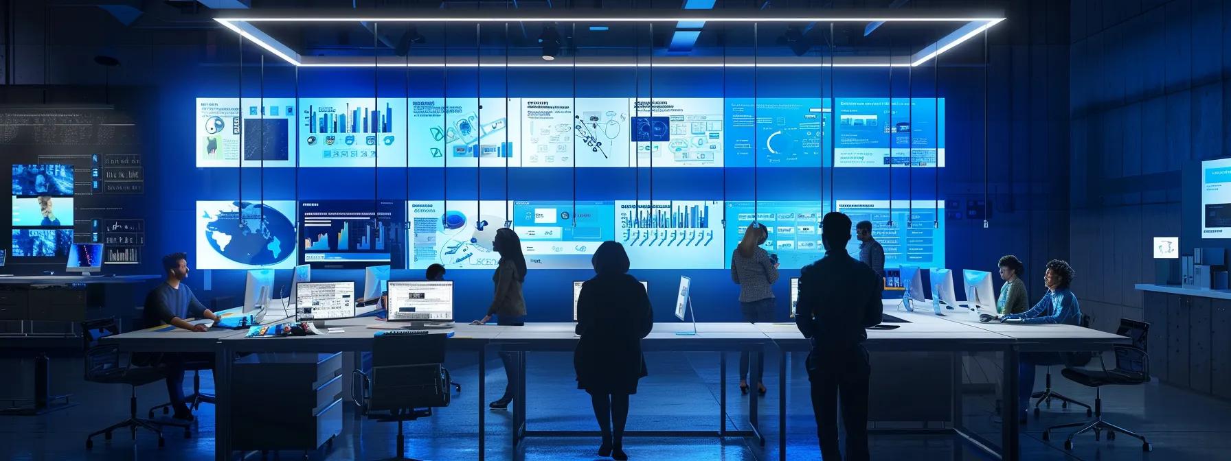 a dynamic, modern video production studio with sleek workstations, vibrant led screens displaying storyboards, and a team of focused professionals collaborating around a large table, capturing the essence of the video production process.