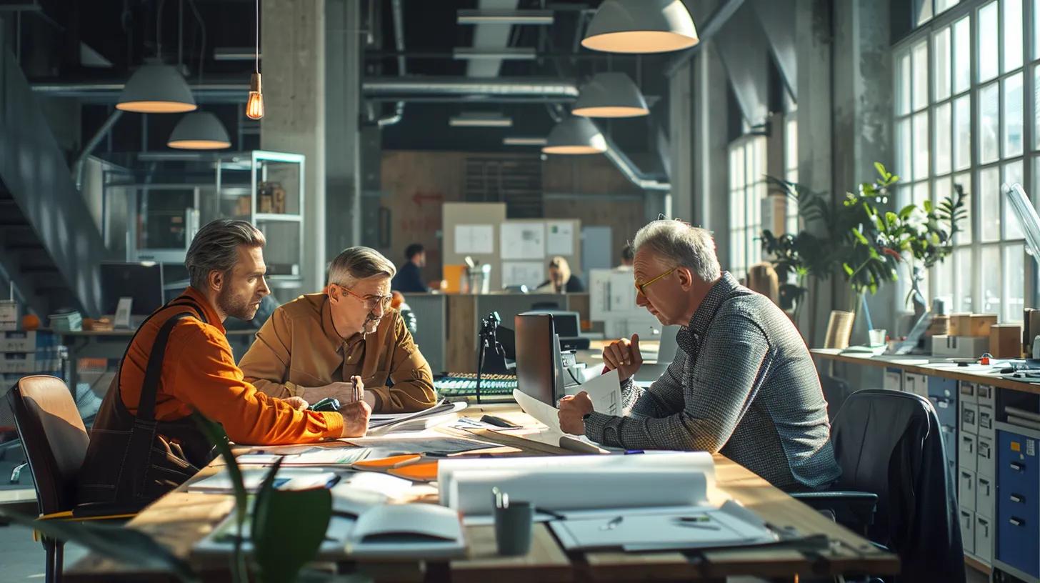 a dynamic office environment showcases knoxville contractors engaged in strategic discussions over blueprints and digital plans, bathed in bright artificial lighting that emphasizes a sleek, modern aesthetic.