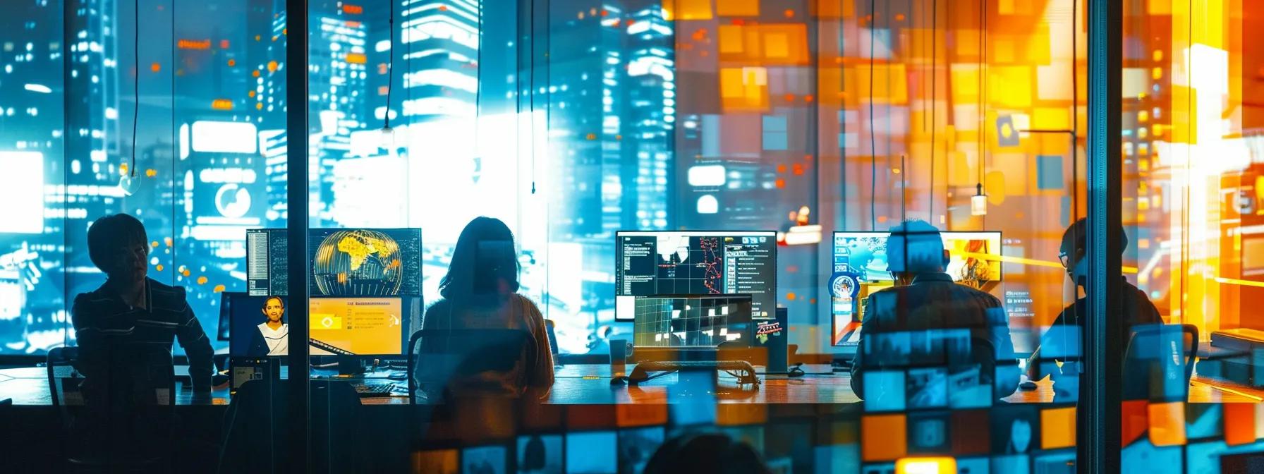 a dynamic office environment filled with diverse professionals collaborating over digital marketing strategies, showcasing vibrant screens displaying social media analytics and engaging e-commerce visuals.