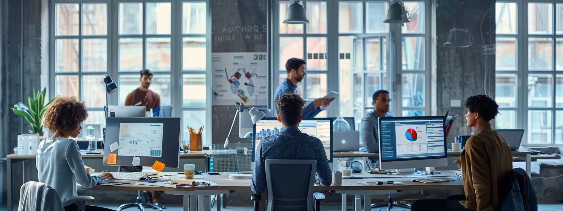 a dynamic office environment bustling with small business owners analyzing digital dashboards and local citation metrics on sleek monitors, highlighting the strategic importance of enhancing online visibility for revenue growth.