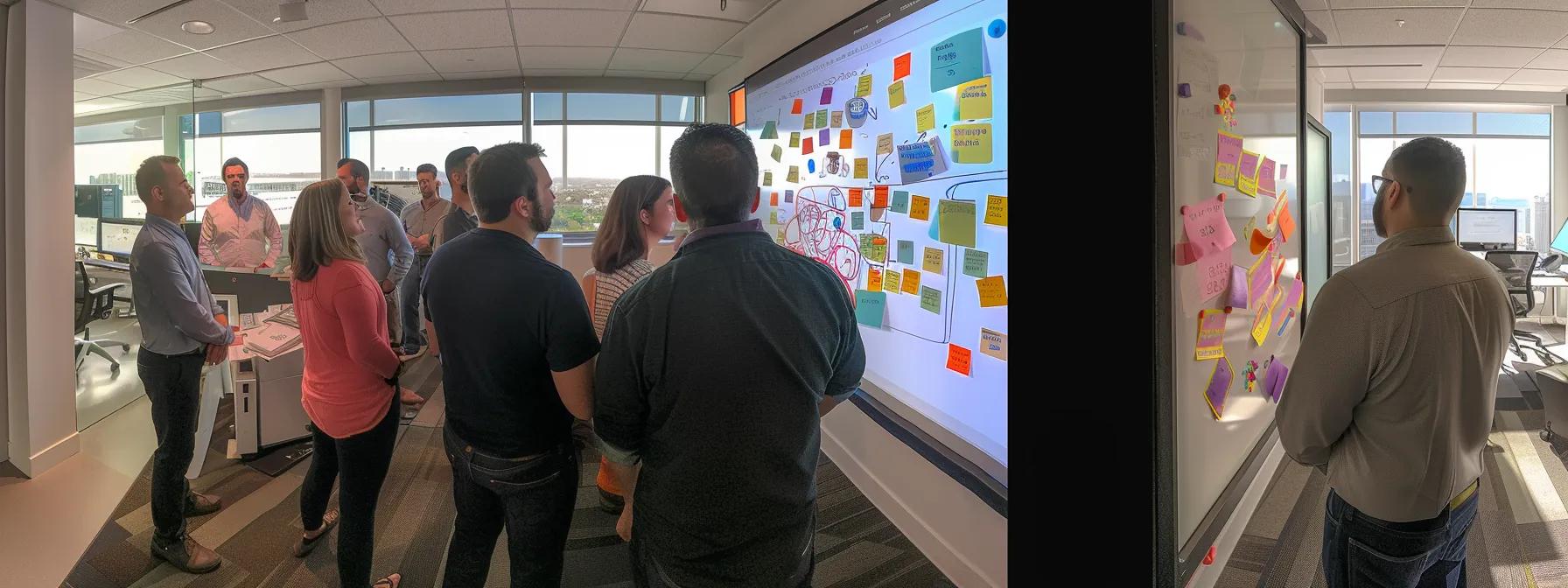 a dynamic office environment filled with engaged team members gathered around a large whiteboard, energetically brainstorming with colorful sticky notes and visual sketches, capturing the excitement of collaborative innovation under bright, strategic lighting. a dynamic office environment filled with engaged team members gathered around a large whiteboard, energetically brainstorming with colorful sticky notes and visual sketches, capturing the excitement of collaborative innovation under bright, strategic lighting.