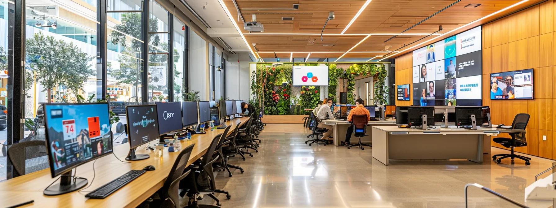 a dynamic office environment featuring a large collaborative workspace where professionals engage in brainstorming sessions, surrounded by vibrant digital displays showcasing analytics and content strategies, embodying the essence of effective content marketing practices. a dynamic office environment featuring a large collaborative workspace where professionals engage in brainstorming sessions, surrounded by vibrant digital displays showcasing analytics and content strategies, embodying the essence of effective content marketing practices.