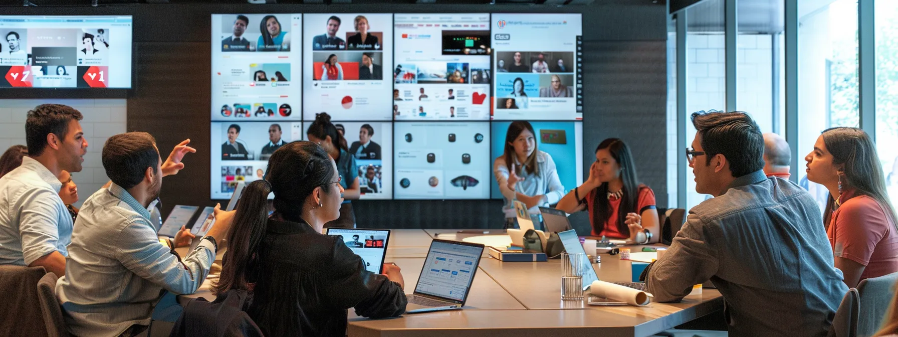 a dynamic office environment features a diverse group of professionals collaborating over digital devices, analyzing social media metrics and constructing engaging brand narratives on large screens, embodying proactive reputation management strategies.