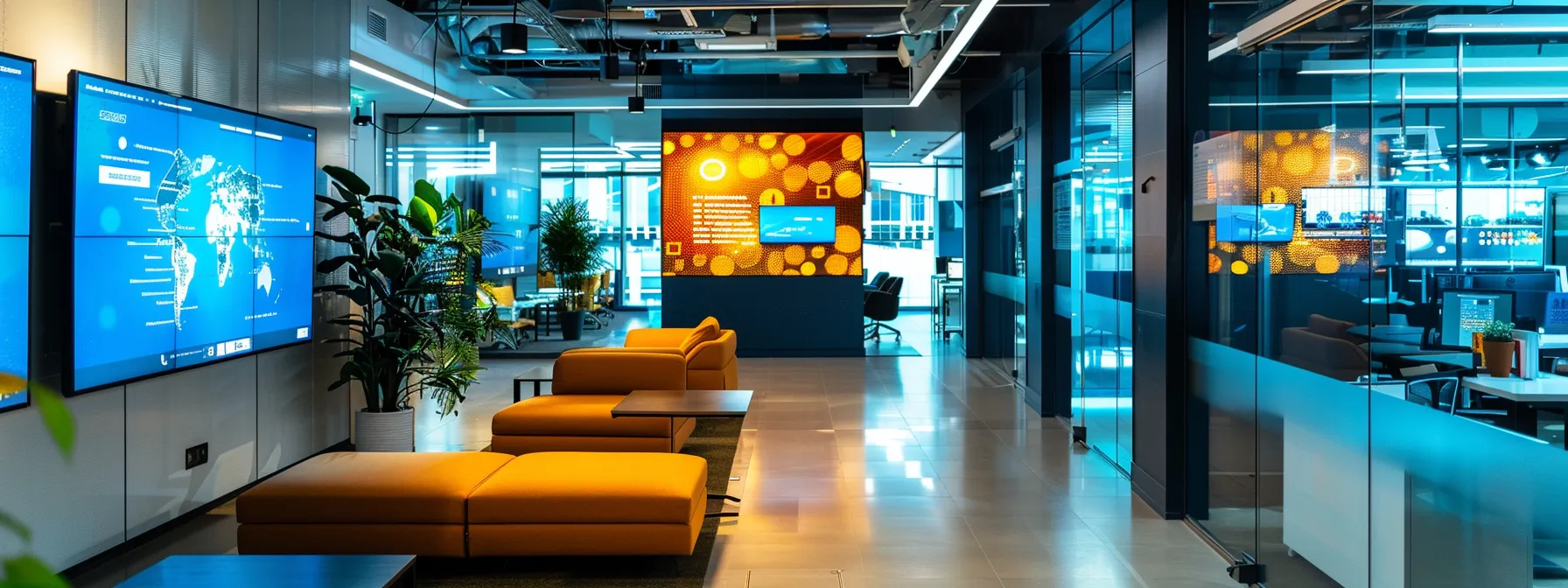 a dynamic office environment features digital screens displaying intricate data analytics and personalized marketing campaigns, showcasing the fusion of ai technology and modern marketing strategies for lead generation.