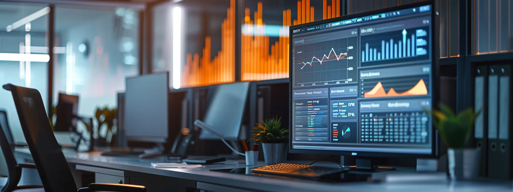 a dynamic office environment featuring a sleek digital dashboard displaying lead scoring metrics, illuminated by soft, focused lighting to emphasize the strategic importance of data in enhancing b2b marketing effectiveness.