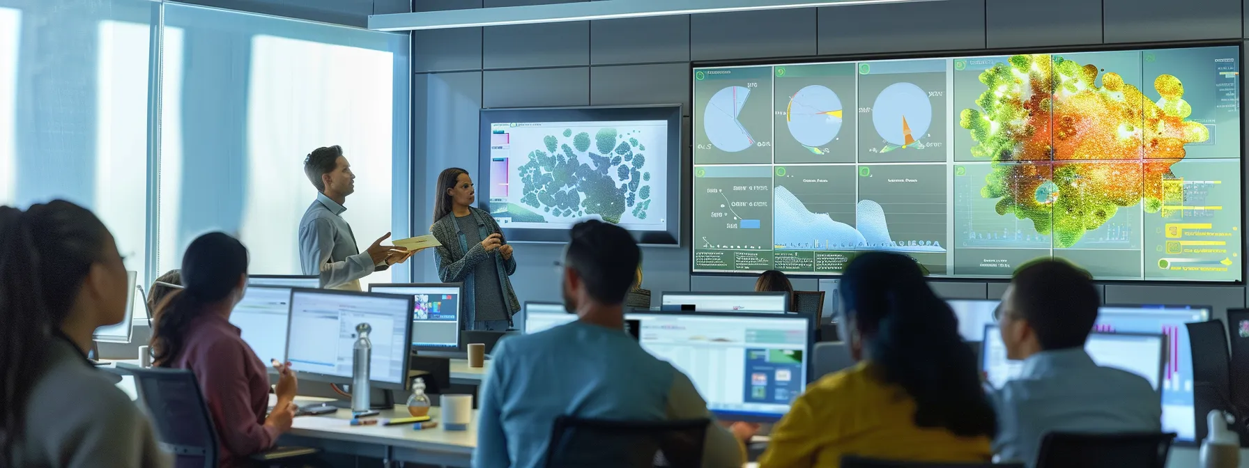 a dynamic office environment features a diverse group of professionals engaged in a collaborative training session, surrounded by vibrant visual aids and digital displays, highlighting the importance of continuous learning and adaptability in an ever-evolving landscape.