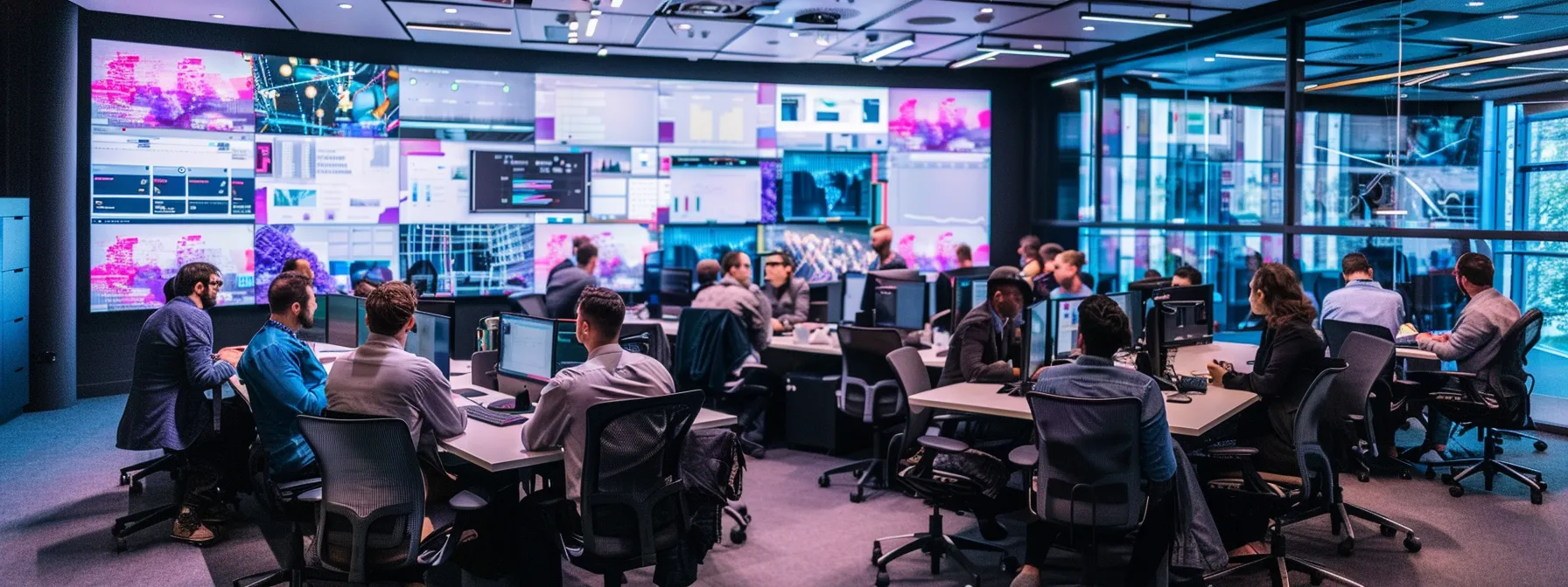 a dynamic office environment in london showcases a group of diverse professionals engaged in a brainstorming session, surrounded by digital screens displaying vibrant seo analytics and marketing strategies, capturing the essence of innovation and collaboration in the digital marketing landscape.