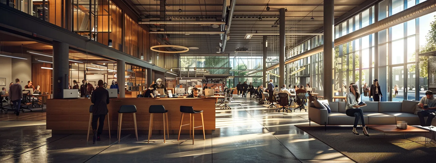 a dynamic office environment showcases a diverse group of architects engaged in a lively discussion around blueprints and innovative designs during a networking conference, radiating energy and collaboration.